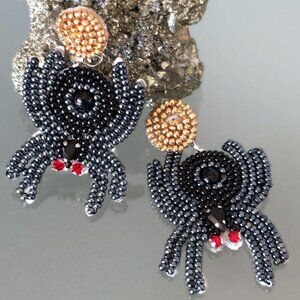Creepy Crawly Hand Beaded Black Spider Red Rhinestone Eyes Halloween Earrings